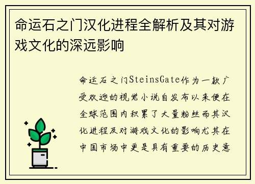 命运石之门汉化进程全解析及其对游戏文化的深远影响